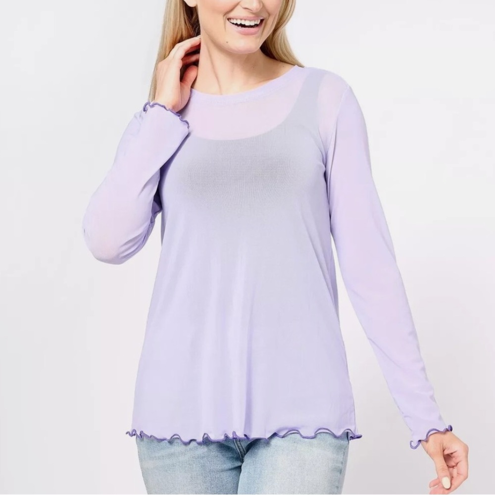 LOGO NWOT Layers Mesh Lilac Purple Long-Sleeve Ruffled Hem Lightweight Blouse 3X